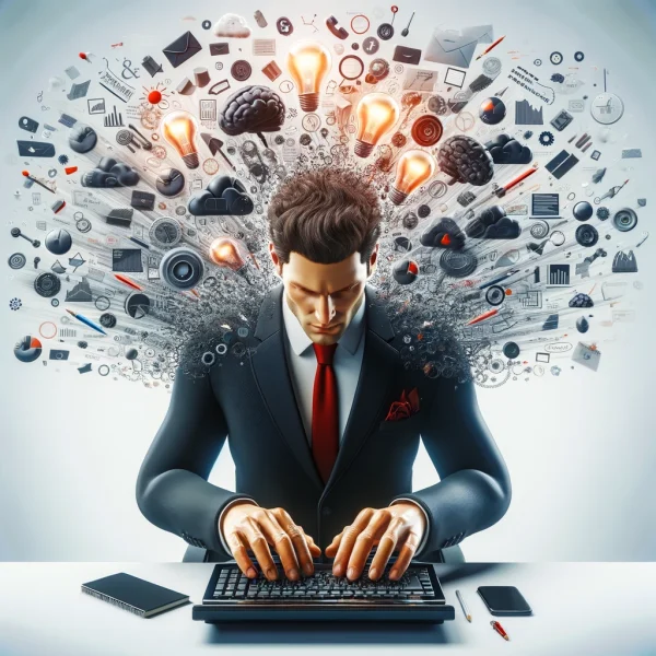 DALL·E 2024-03-26 01.12.01 - A dynamic 3D rendered image featuring a businessman in a dark suit with red accents, deeply engrossed in writing a blog post. Surrounding his head are
