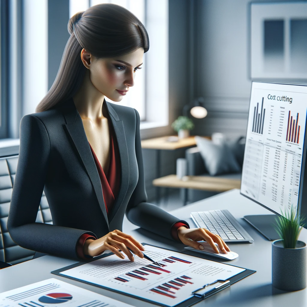 DALL·E 2024-01-24 13.46.43 - Create an ultra-realistic 3D rendered image of a finance professional working on cost-cutting strategies. The scene is set in a modern, sleek office e