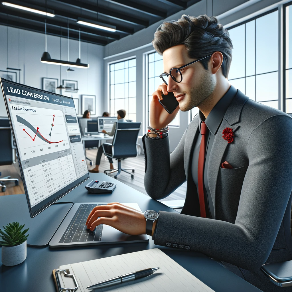 DALL·E 2024-01-24 13.48.14 - Create an ultra-realistic 3D rendered image of a sales professional working on lead conversion. The setting is a contemporary office with a tech-forwa