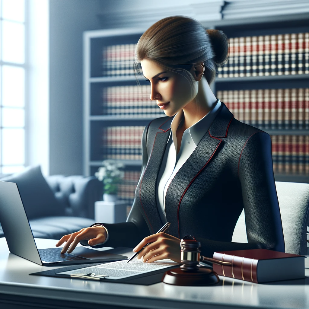 DALL·E 2024-01-24 13.50.21 - Create an ultra-realistic 3D rendered image of a compliance and legal professional at work. The scene is set in a sophisticated, contemporary law offi