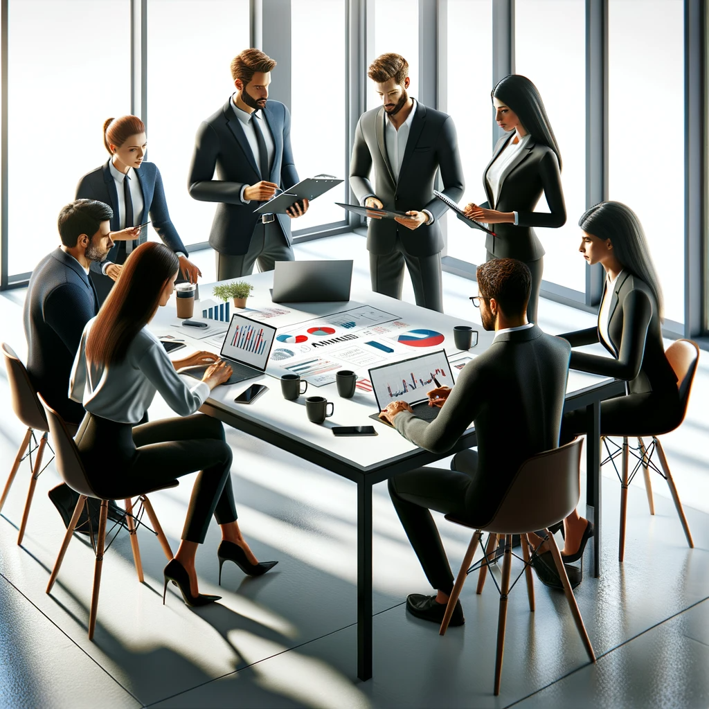 DALL·E 2024-01-24 13.55.01 - Create an ultra-realistic 3D rendered image of a marketing team planning a campaign. The setting is a modern, collaborative workspace. The team consis