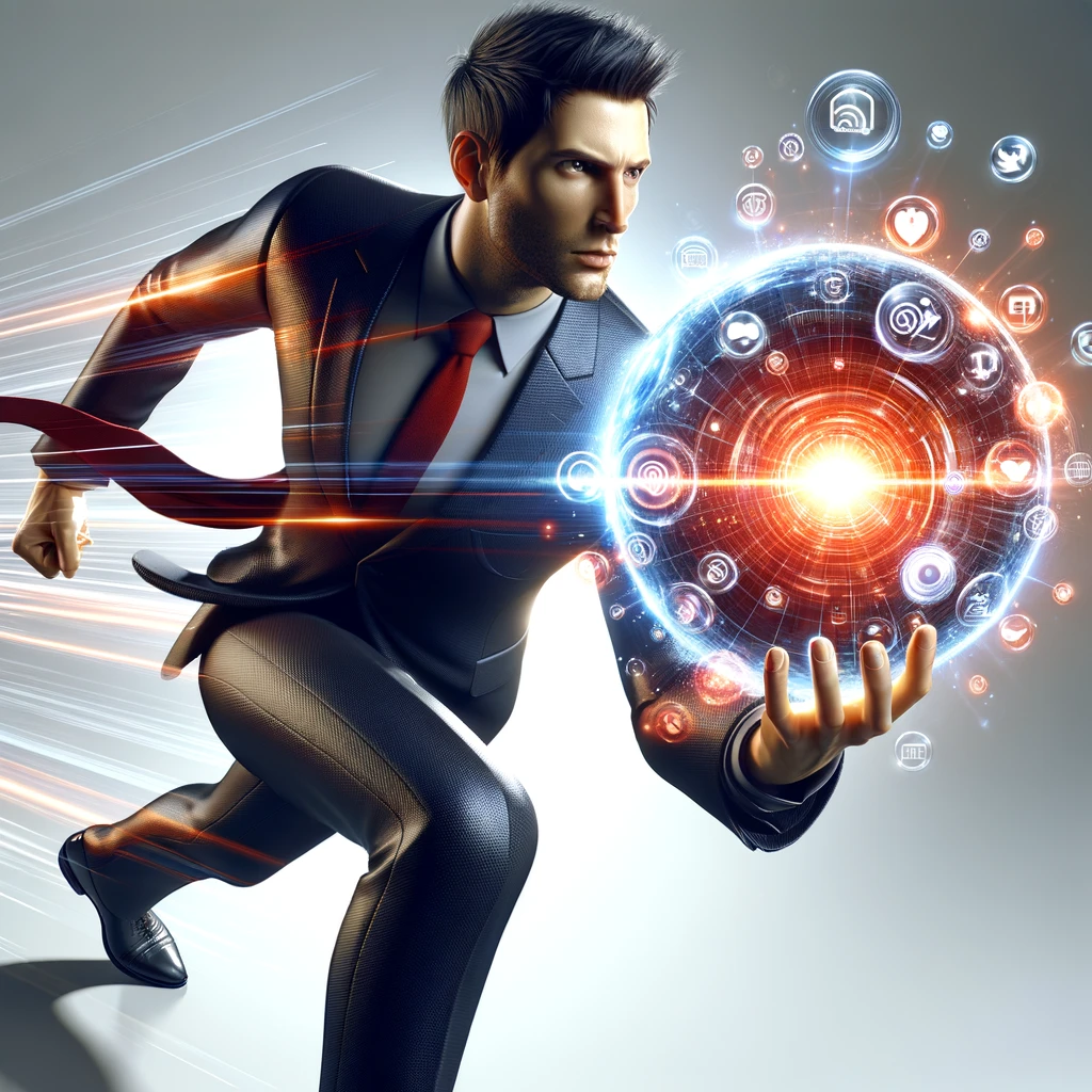 DALL·E 2024-03-13 05.41.27 – Create an ultra-realistic 3D rendered image of a dynamic businessman ready to launch a glowing orb of digital marketing assets towards a target. He’s