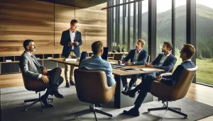 Dall·e 2024 05 18 06.14.45 A Business Owner Meeting With A Few Other Executives In A Modern Conference Room. The Business Owner, A Man In His 40s With Short Gray Hair, Is Sittin