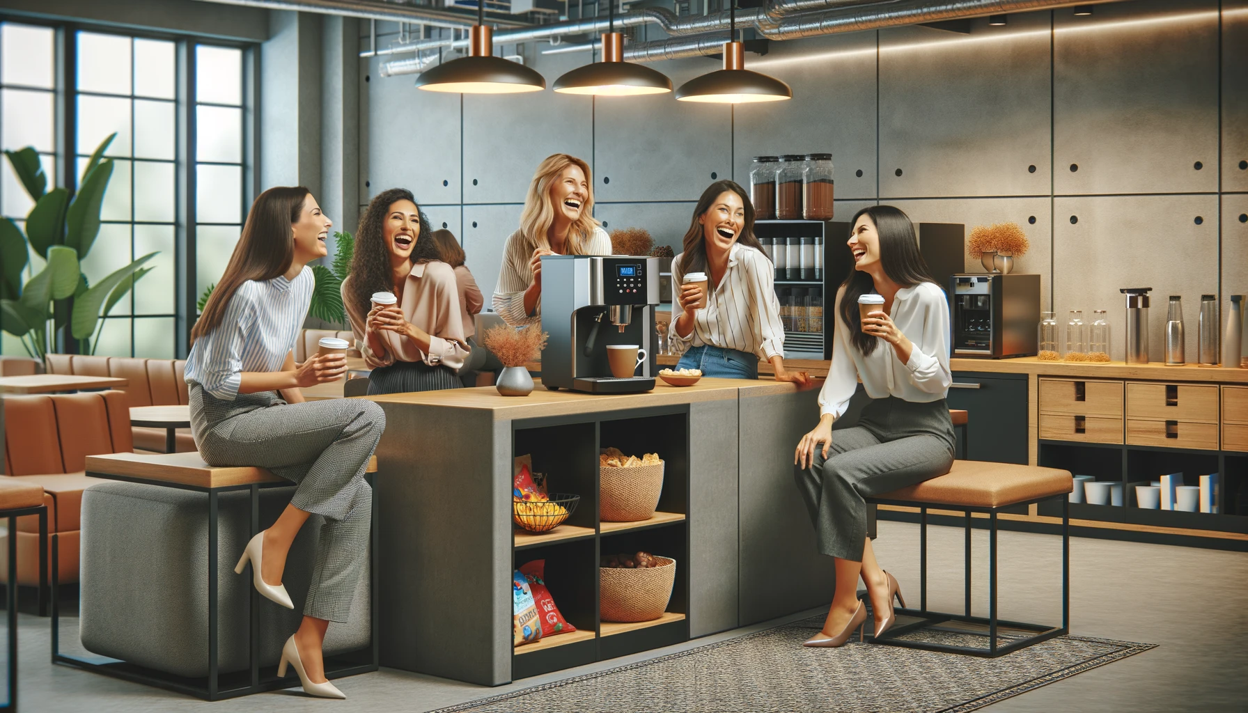 Dall·e 2024 05 30 03.57.01 A 16 9 Ultra Realistic Image Of A Group Of Female Employees Laughing And Getting Coffee In The Breakroom At Work. The Breakroom Has A Modern Design Wi