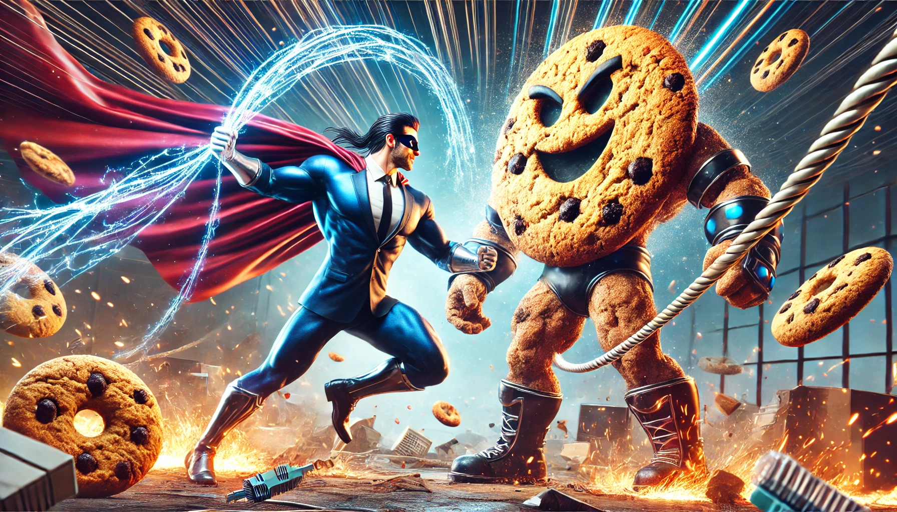 Dall·e 2024 07 09 19.45.04 An Ultra Realistic Epic Battle Scene Of Captain Compliance Fighting A Giant Villain Representing Cookie Consent. Captain Compliance, A Muscular Superh