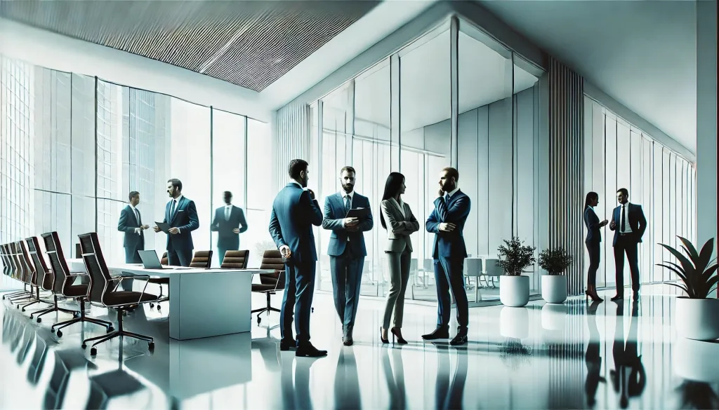 "Business team in suits discussing strategy in a modern office.