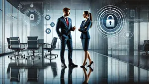 Text: Business professionals analyzing cybersecurity threats and reputation management strategies on a digital dashboard.