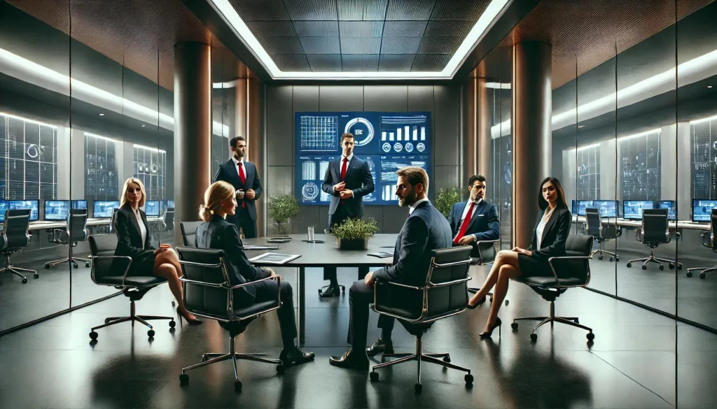 Business team in a modern boardroom with data screens.