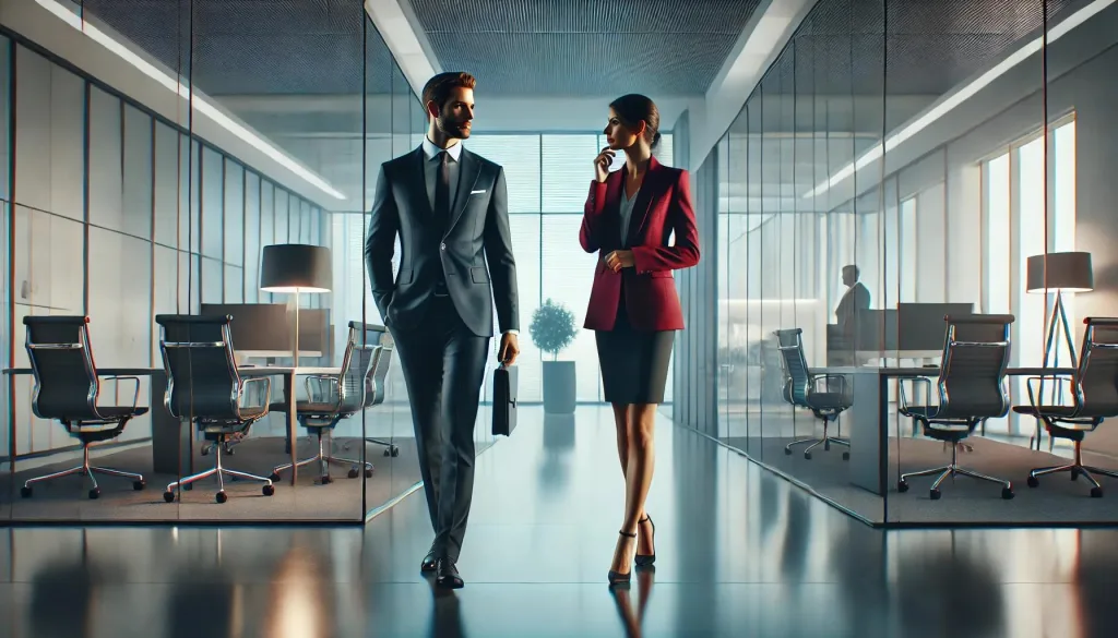 Two business professionals walking and discussing workplace wellness strategy.