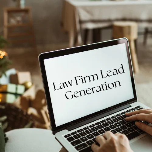 Laptop displaying "Law Firm Lead Generation," symbolizing strategic advisory services for business growth and client acquisition.