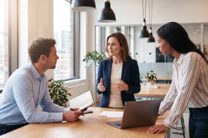 A business leader explaining a point clearly to two attentive colleagues around a meeting table in a bright office