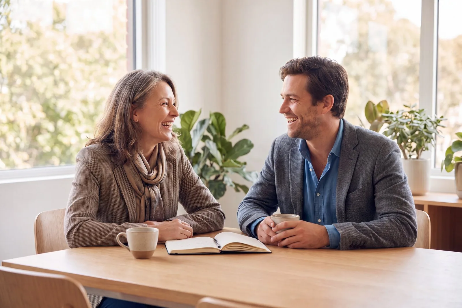 Two long-standing business contacts talking warmly over coffee at a sunlit table