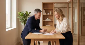 Two colleagues in a bright office lean over a notebook and a printed document at a wooden table, mid-conversation, planning a next step together.