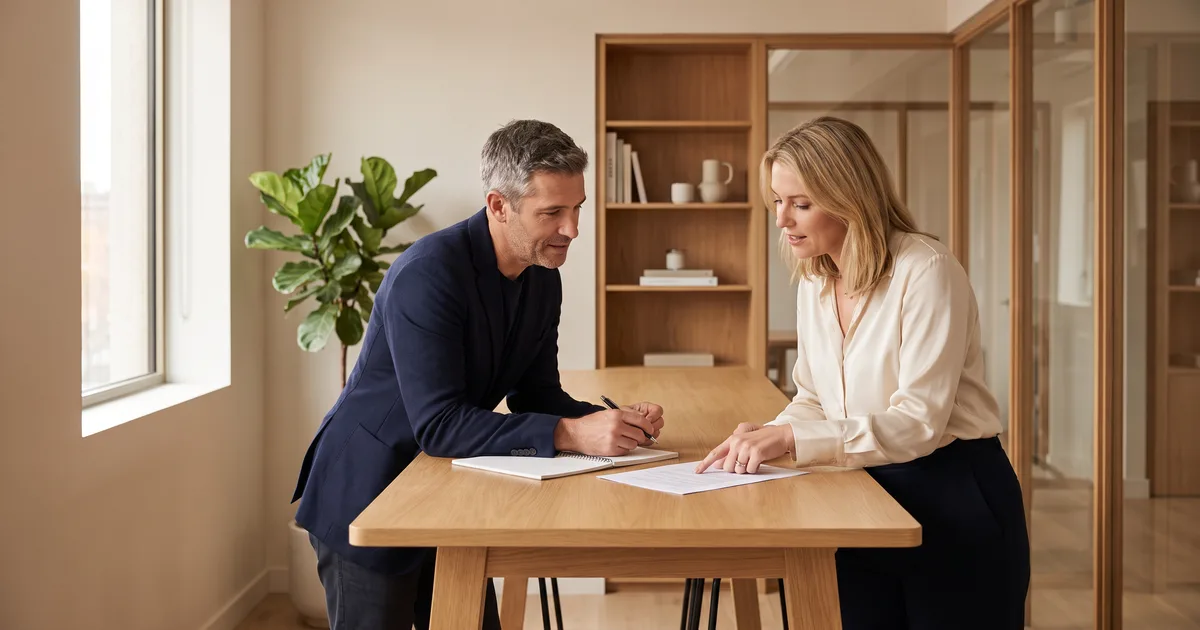 Two colleagues in a bright office lean over a notebook and a printed document at a wooden table, mid-conversation, planning a next step together.