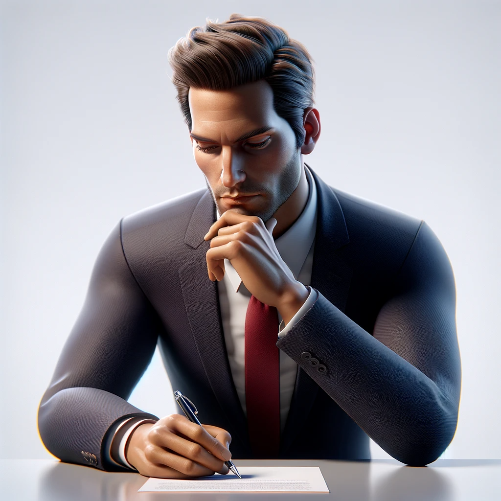 DALL·E 2024-01-10 22.46.19 - A highly realistic 3D rendered image of a business leader contemplating writing the company mission statement. The business leader, depicted with a th