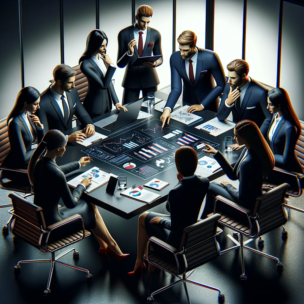 DALL·E 2024-01-16 23.43.21 - A 3D rendered image serving as a featured image for the concept of business strategy. The scene portrays a group of business professionals gathered ar