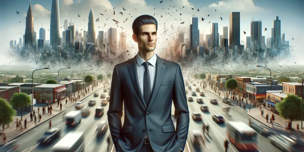 DALL·E 2024-05-09 03.51.42 - A realistic 3D image of a calm businessman standing in the foreground with a busy city buzzing and flying behind him. The businessman is dressed in a