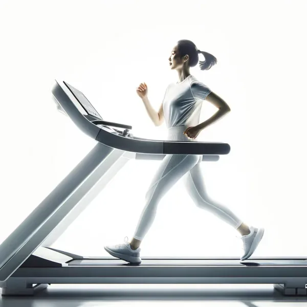 Dall·e 2024 05 30 04.02.51 A Woman Running On A Treadmill Against An All White Background. The Woman Is Dressed In Athletic Wear, Showing A Focused And Determined Expression As