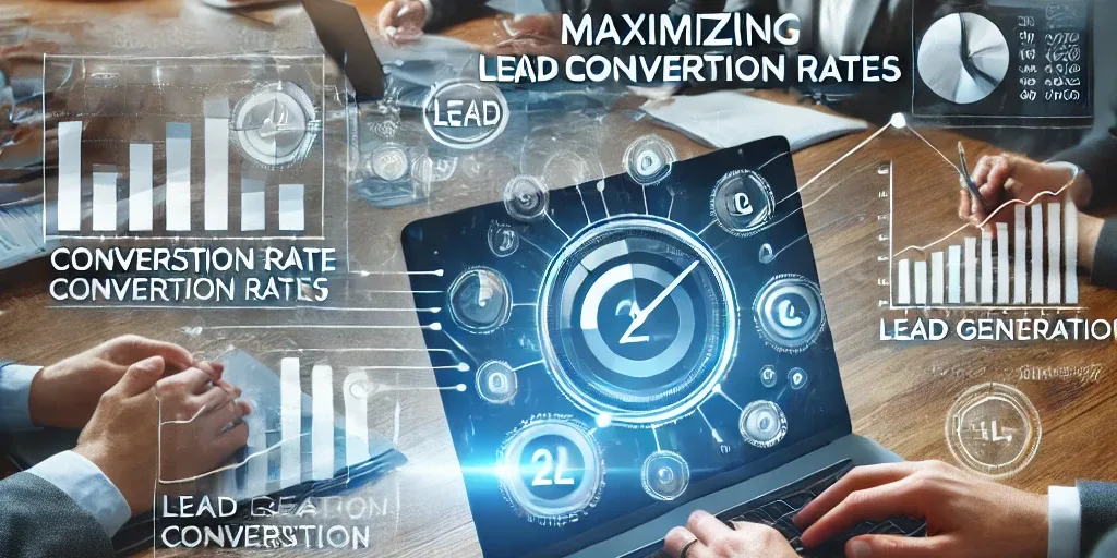 Business team collaborating on maximizing lead conversion rates with digital dashboards displaying conversion metrics and lead generation strategies.