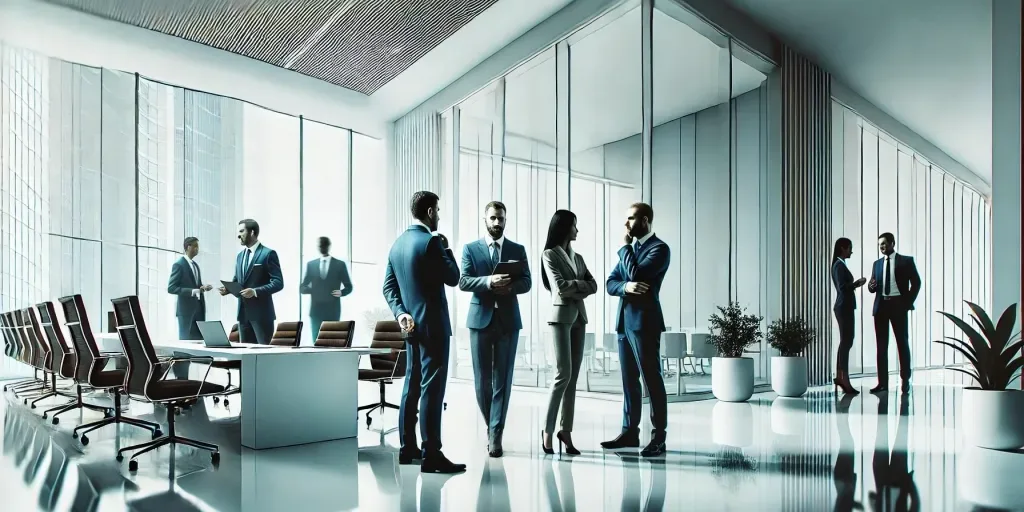 "Business team in suits discussing strategy in a modern office.