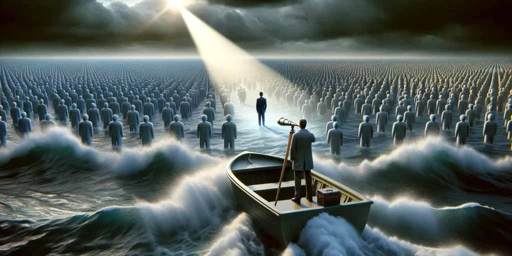 DALL·E 2024-05-09 03.32.45 - A realistic 3D image of a salesman navigating a vast sea of prospects, represented by a turbulent ocean filled with faceless figures. The salesman is