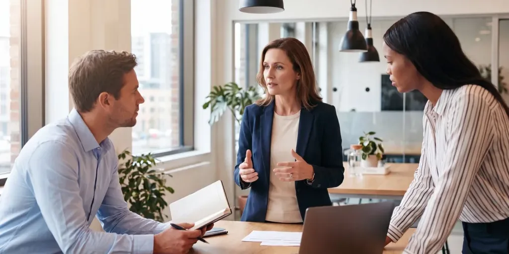 A business leader explaining a point clearly to two attentive colleagues around a meeting table in a bright office