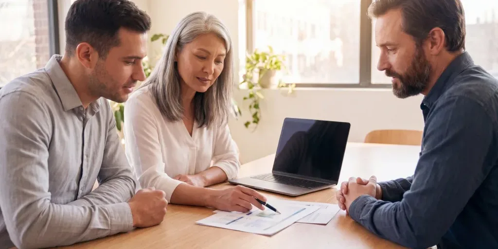A small business team reviewing a short stack of documents together, one person pointing to a specific item