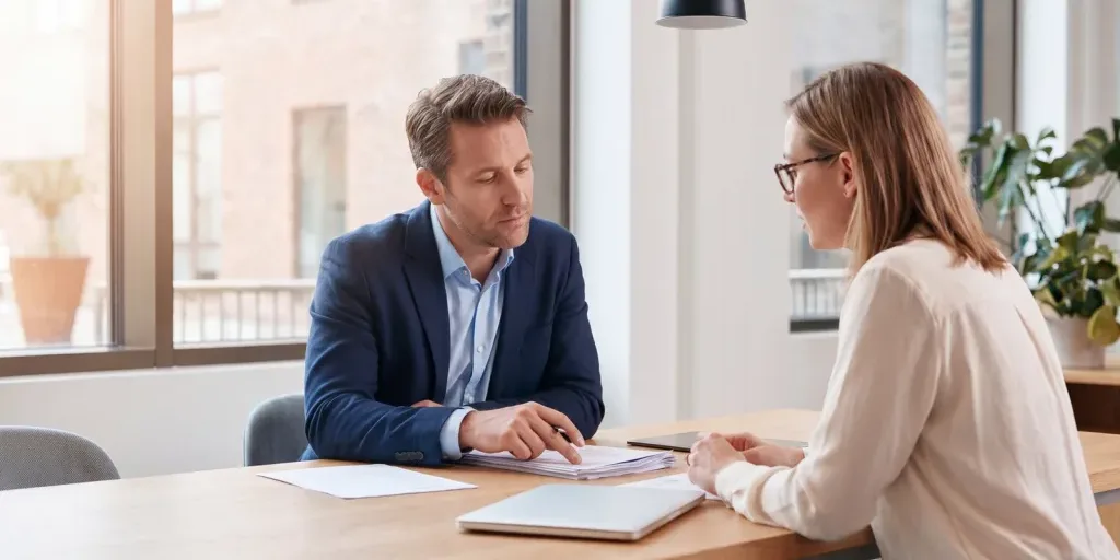 Two people in a quiet, focused conversation at a table, one hand resting thoughtfully on a printed document