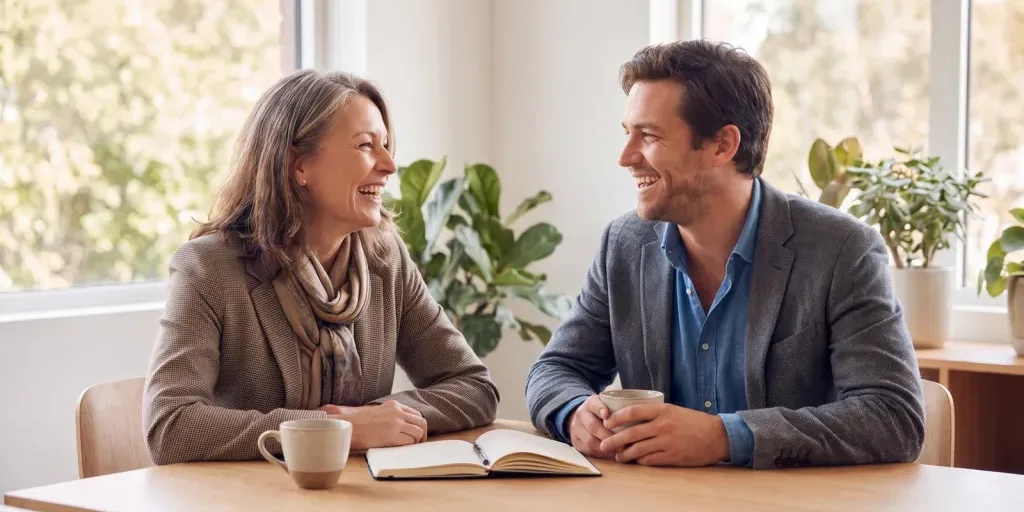 Two long-standing business contacts talking warmly over coffee at a sunlit table