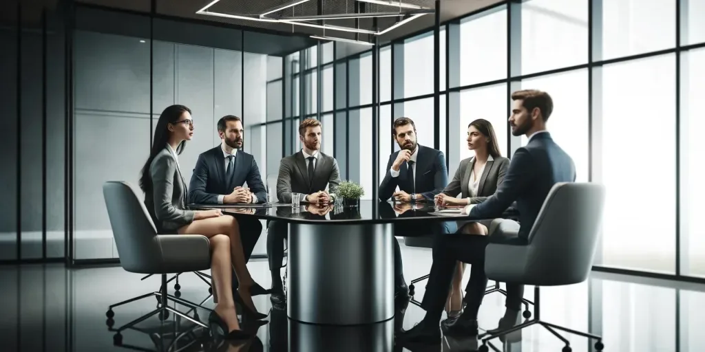 Professional business executives in a modern boardroom discussion.