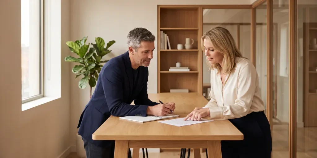 Two colleagues in a bright office lean over a notebook and a printed document at a wooden table, mid-conversation, planning a next step together.